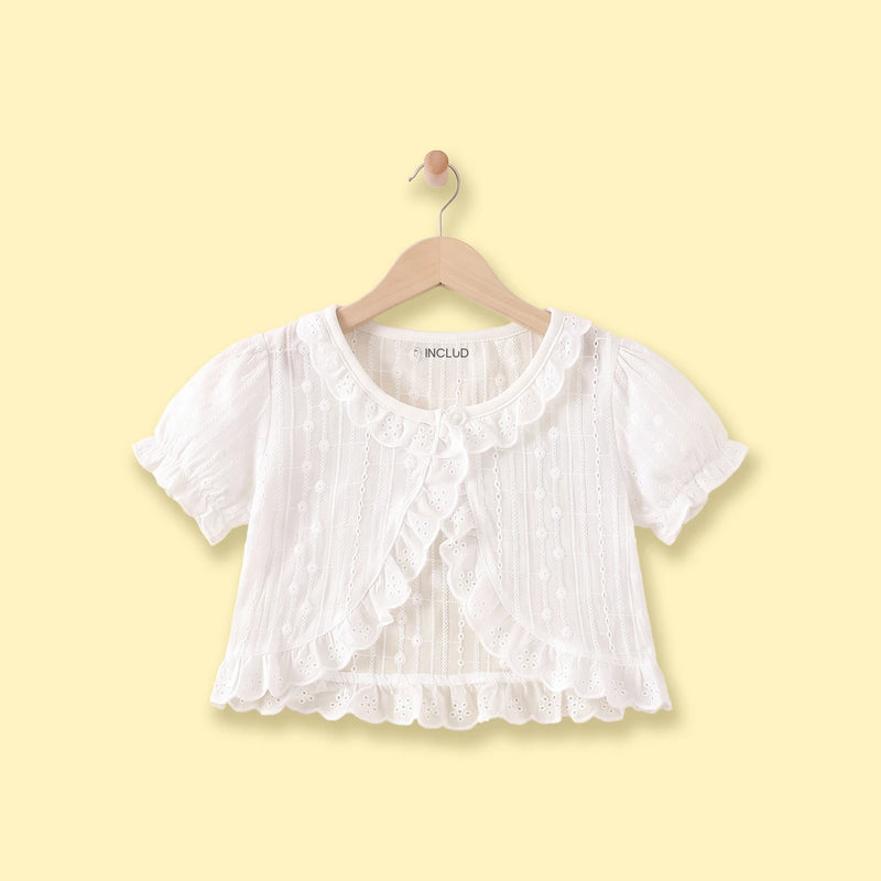 Girls White Schiffli Embroidered Short Sleeve Shrug Tops White 3-4 Y