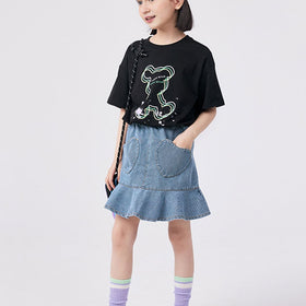 Girls Printed Oversized Casual T-shirt Tshirts Black 6-7 Y 