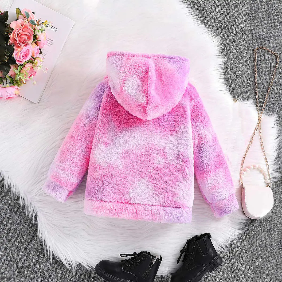 Girls Pink Self-Design Tie-Dye Pattern Hooded Fleece Sweatshirt Sweatshirts & Hoodies