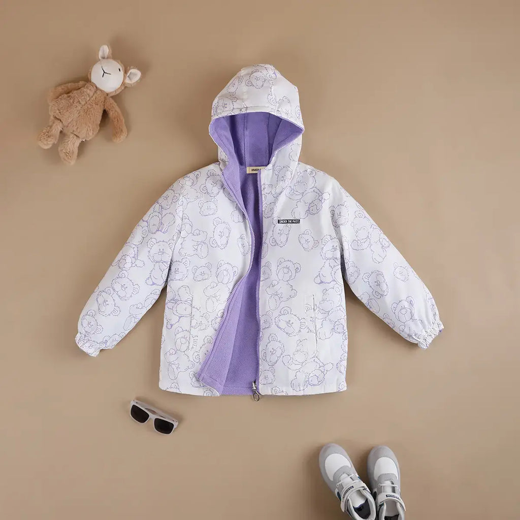 Girls Purple Bear Printed Reversible Hooded Zipper Jacket Coats & Jackets