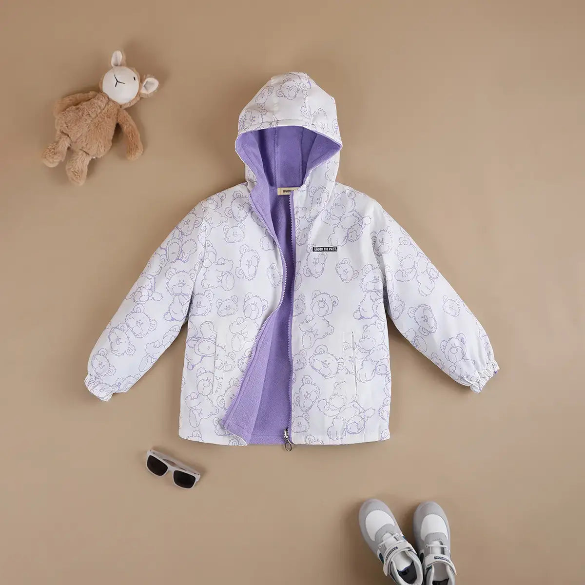 Girls Purple Bear Printed Reversible Hooded Zipper Jacket Coats & Jackets