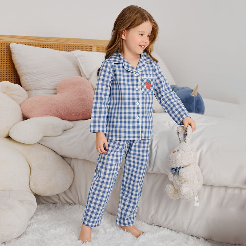 Girls Blue Gingham Check Shirt with Pajama Nightsuit Set Sleepwear Sets