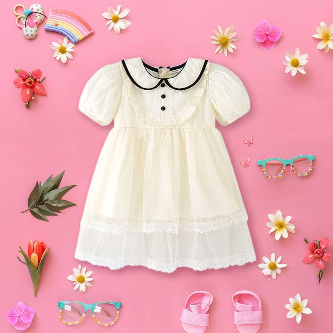 Girls Peter Pan Puff Sleeves Fit & Flare Tulle Overlay Dress Casual Dresses White 1-2 Y 