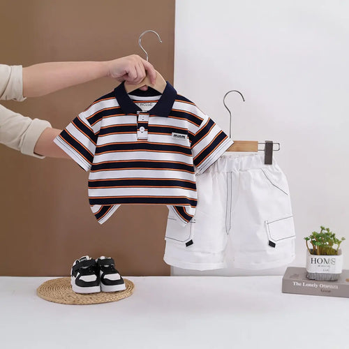 Boys Navy Blue Striped Polo T-shirt With Elasticated Shorts Sets 2 pc. Sets Navy Blue 1-2 Y