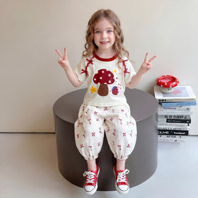 Girls Off White Mushroom Graphic T-Shirt With Balloon Pants Sets Sets