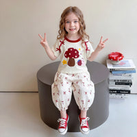 Girls Off White Mushroom Graphic T-Shirt With Balloon Pants Sets Sets