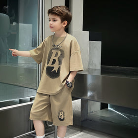 Boys Khaki Star Printed Summer Oversized T-Shirt With Shorts Set 2 pc. Sets
