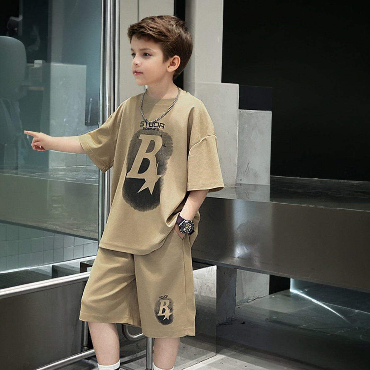 Boys Khaki Star Printed Summer Oversized T-Shirt With Shorts Set 2 pc. Sets