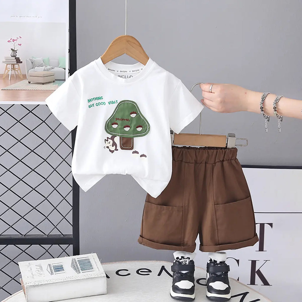 Boys White Mushroom Graphic T-Shirt With Shorts Sets Sets White 1-2 Y
