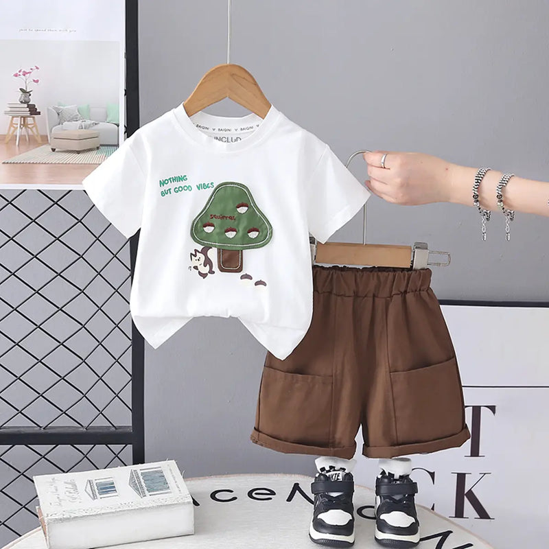 Boys White Mushroom Graphic T-Shirt With Shorts Sets Sets White 1-2 Y