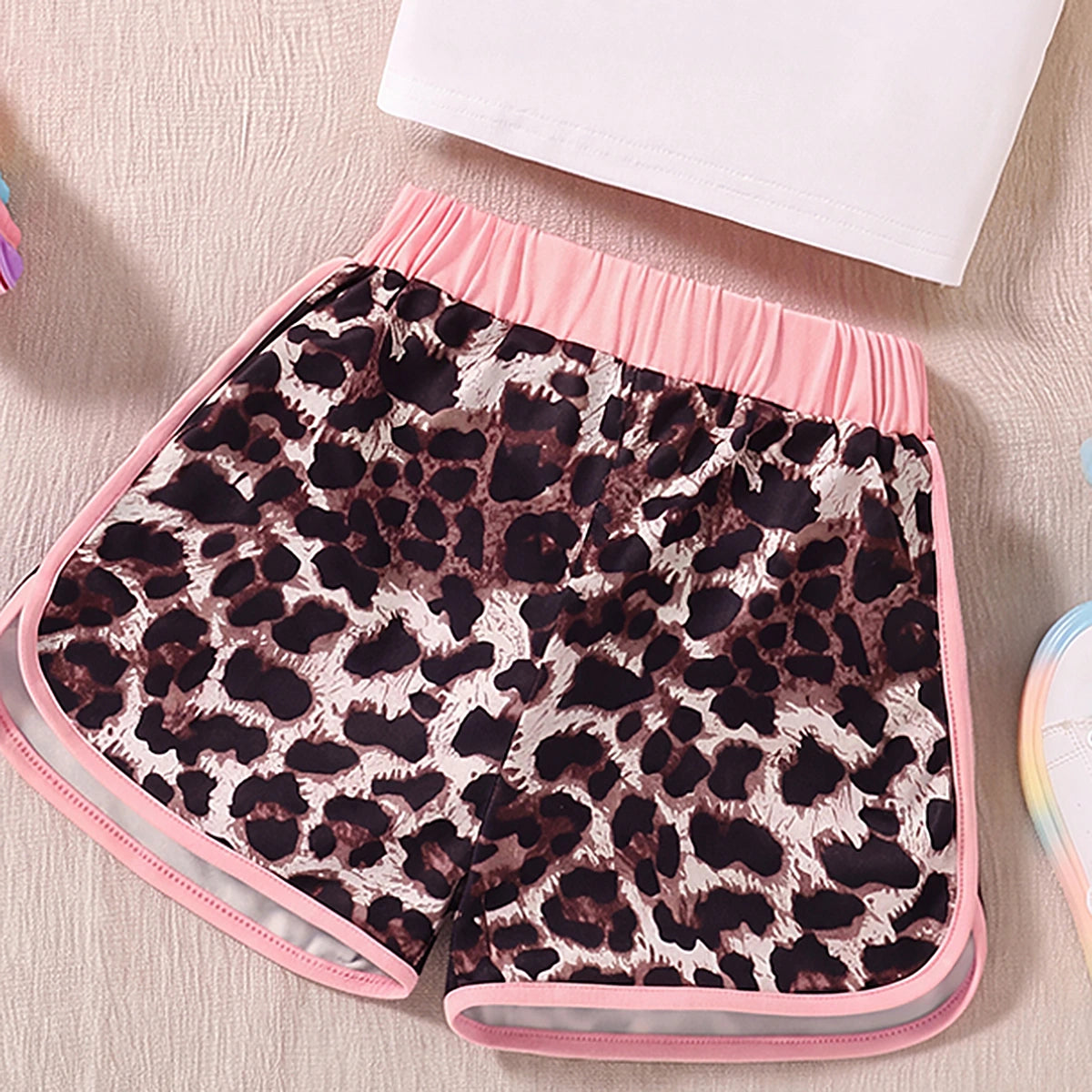 Girls Pink Typography Print Shrug With Cami Top & Leopard Print Shorts Sets 3 pc. Sets
