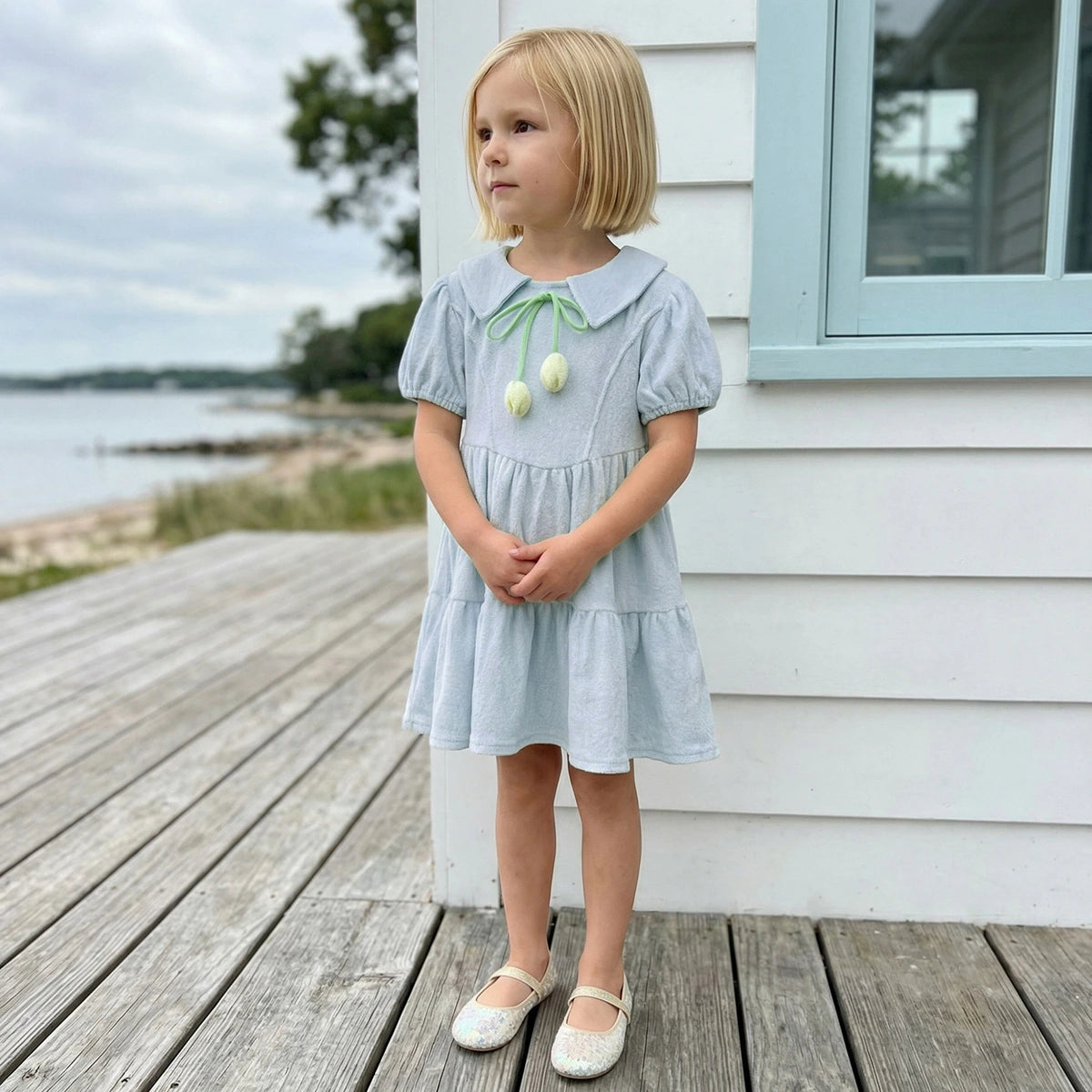 Girls Light Blue Textured Tiered Dress With Puff Sleeves Casual Dresses Light Blue 1-2 Y