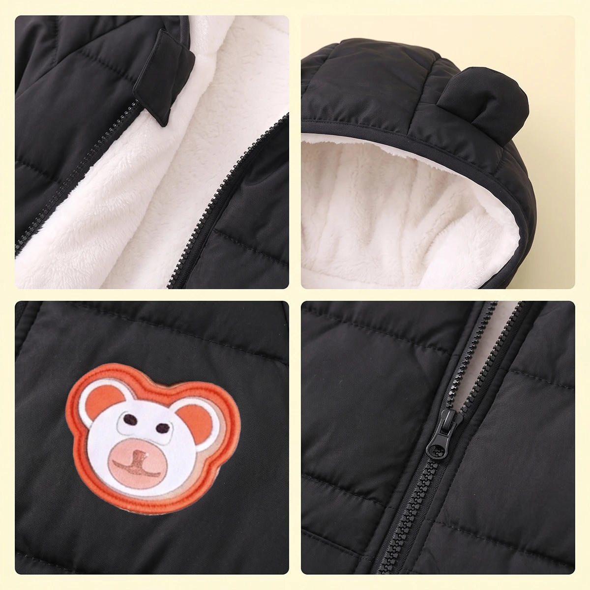 Boys Black Bear Ear On Hood Quilted Zip-up Jacket Coats & Jackets