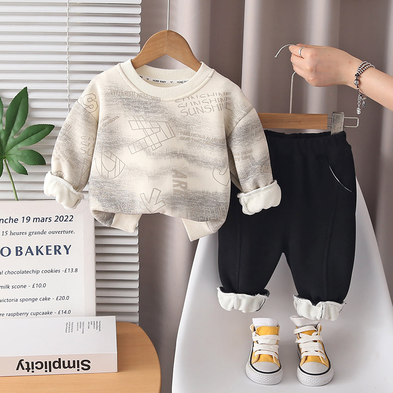 Boys Beige Typographic Printed Sweatshirt With Jogger Sets Sets Beige 1-2 Y
