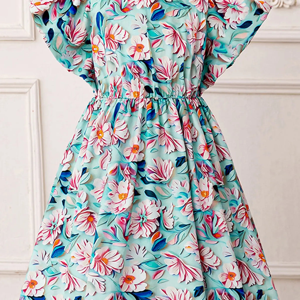 Girls Blue Floral Flutter Sleeves Maxi Dress With Elasticated Waistline Casual Dresses