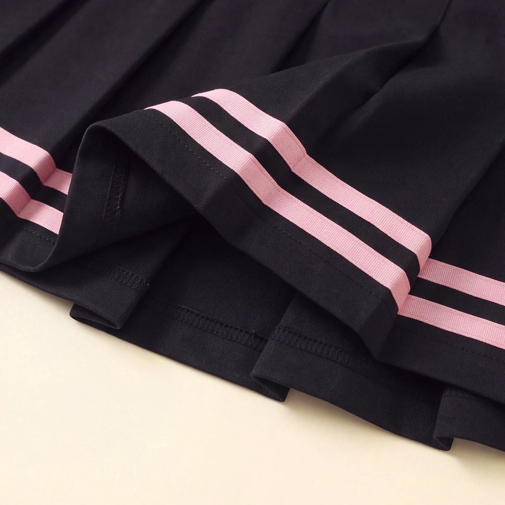 Girls Pink Alphanumeric Printed Varsity Jacket With Pleated Skirt Sets 2 pc. Sets