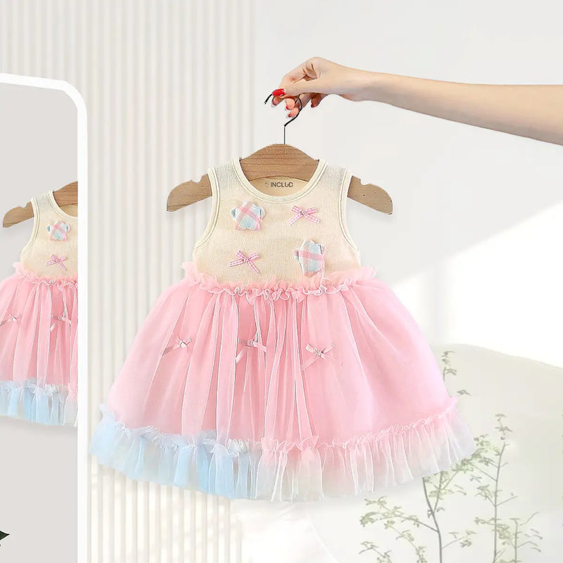 Girls Pink Star Applique Tulle Overlay Fit & Flare Dress Casual Dresses Pink 1-2 Y