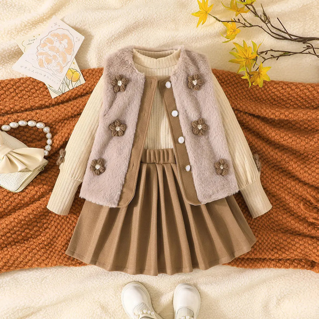 Girls Apricot Solid Top With Sleeveless Jacket & Pleated Skirt Sets Sets