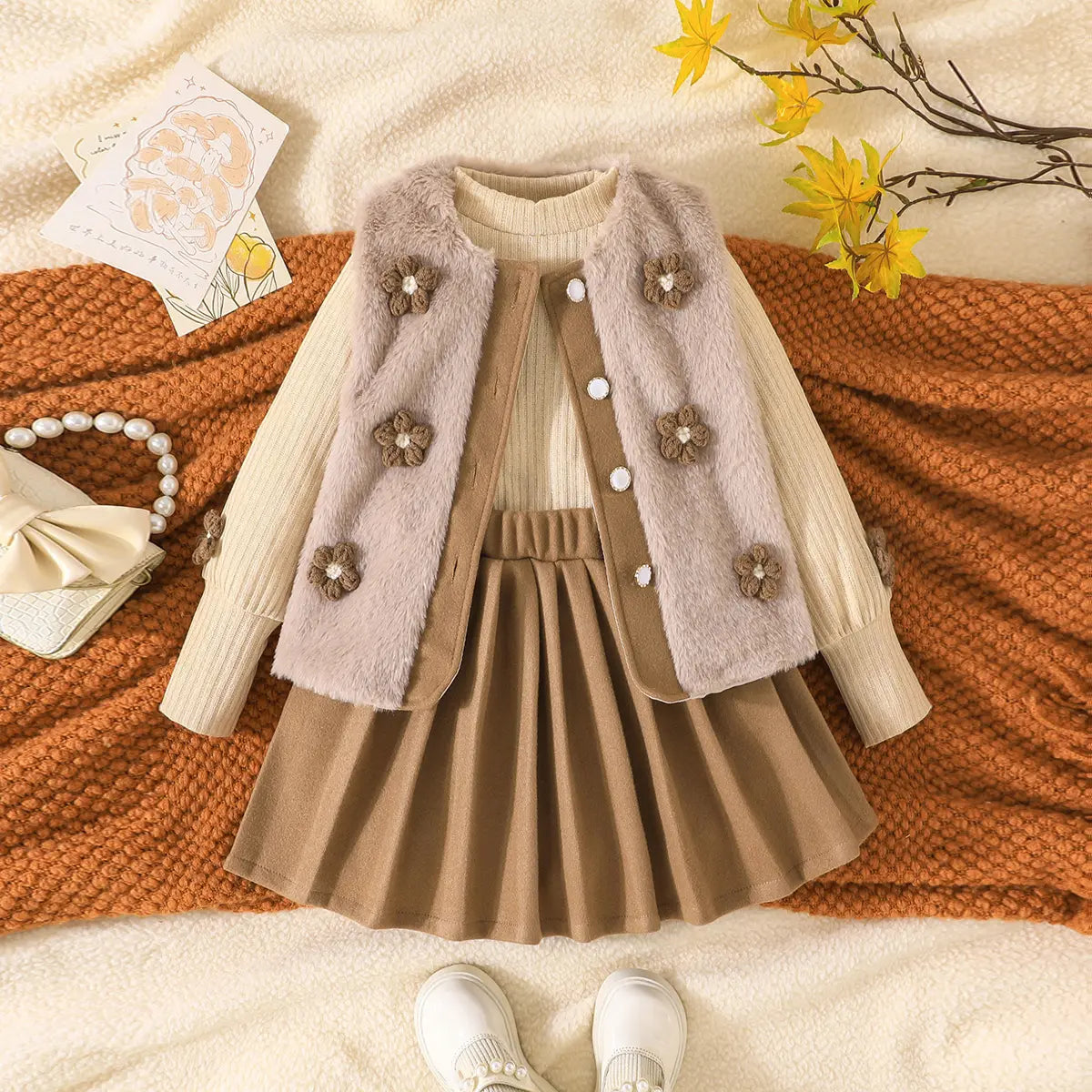 Girls Apricot Solid Top With Sleeveless Jacket & Pleated Skirt Sets Sets