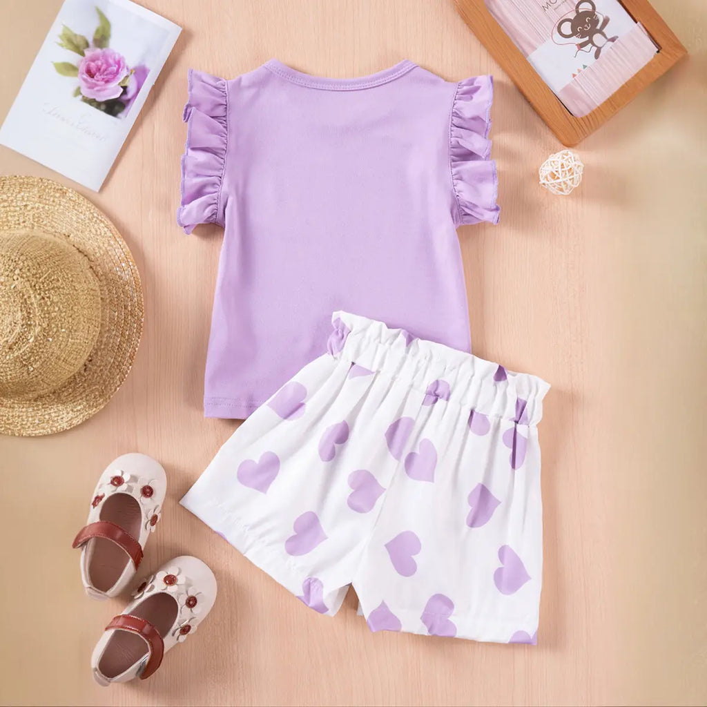 Girls Purple Solid Sleeveless Top With Heart Print Shorts Set Sets