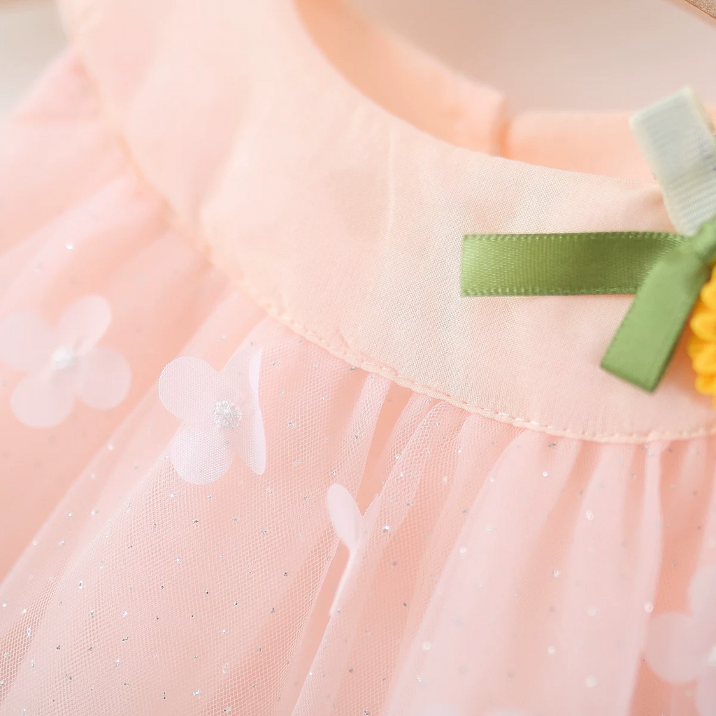 Girls Pink Floral Print Tulle Overlay A-Line Dress With Flower Applique Casual Dresses