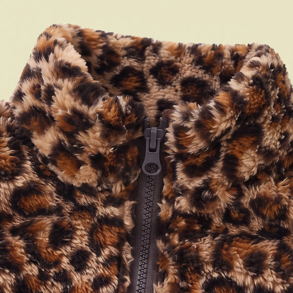 Girls Brown Fleece Leopard Print Sleeveless Jacket Coats & Jackets