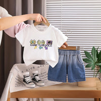 Boys White Graphic Printed Short Sleeve T-Shirt With Denim Shorts Sets 2 pc. Sets White 1-2 Y