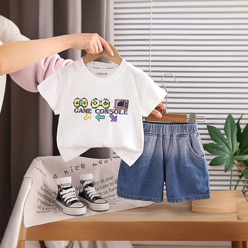 Boys White Graphic Printed Short Sleeve T-Shirt With Denim Shorts Sets 2 pc. Sets White 1-2 Y