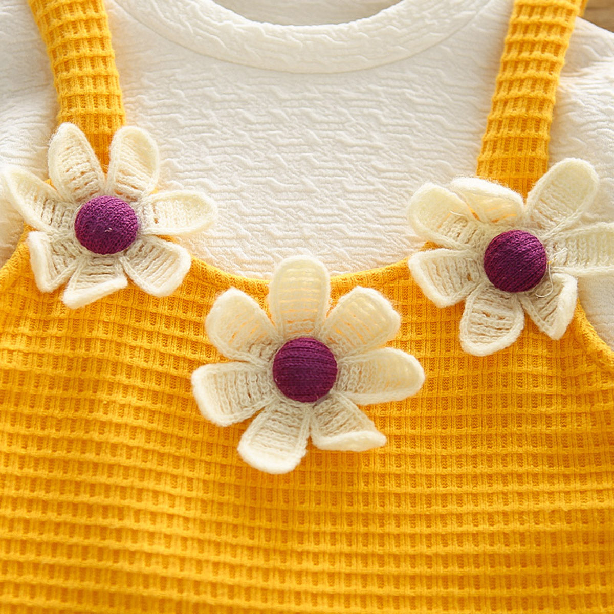 Girls Puffed Sleeves Top with Yellow Floral Textured Crop Top & Jeans Sets Sets