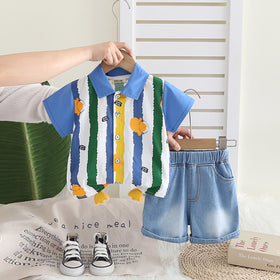 Boys Blue Stripe Printed Short Sleeves Shirt With Denim Shorts Set 2 pc. Sets