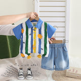 Boys Blue Stripe Printed Short Sleeves Shirt With Denim Shorts Set
