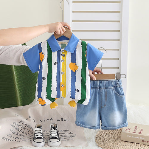 Boys Blue Stripe Printed Short Sleeves Shirt With Denim Shorts Set 2 pc. Sets