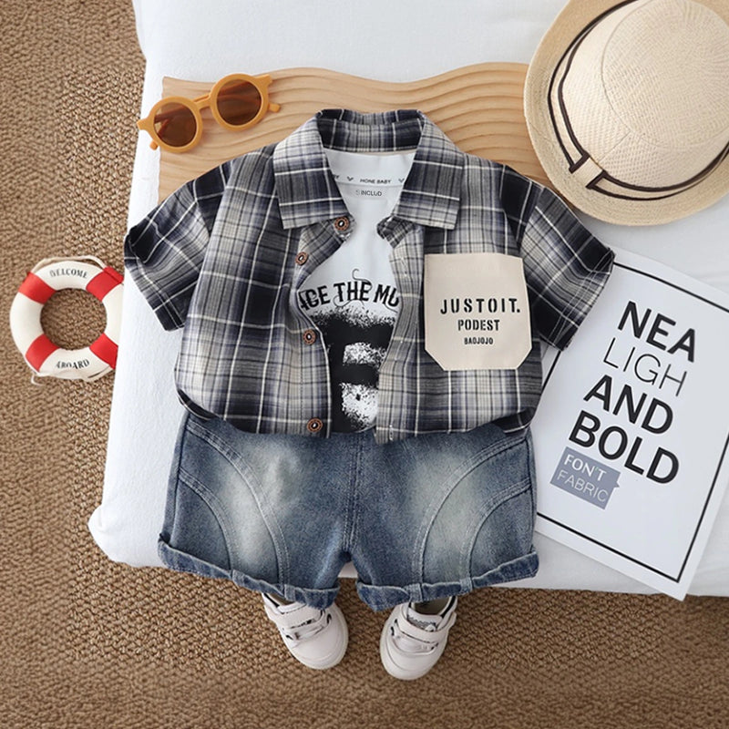 Boys Black Checked Shirt With Printed T-Shirt & Denim Shorts Set Sets Black 1-2 Y