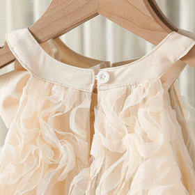 Girls Apricot Bow Applique A-line Dress With Wave Mesh Ruffles Detail Casual Dresses