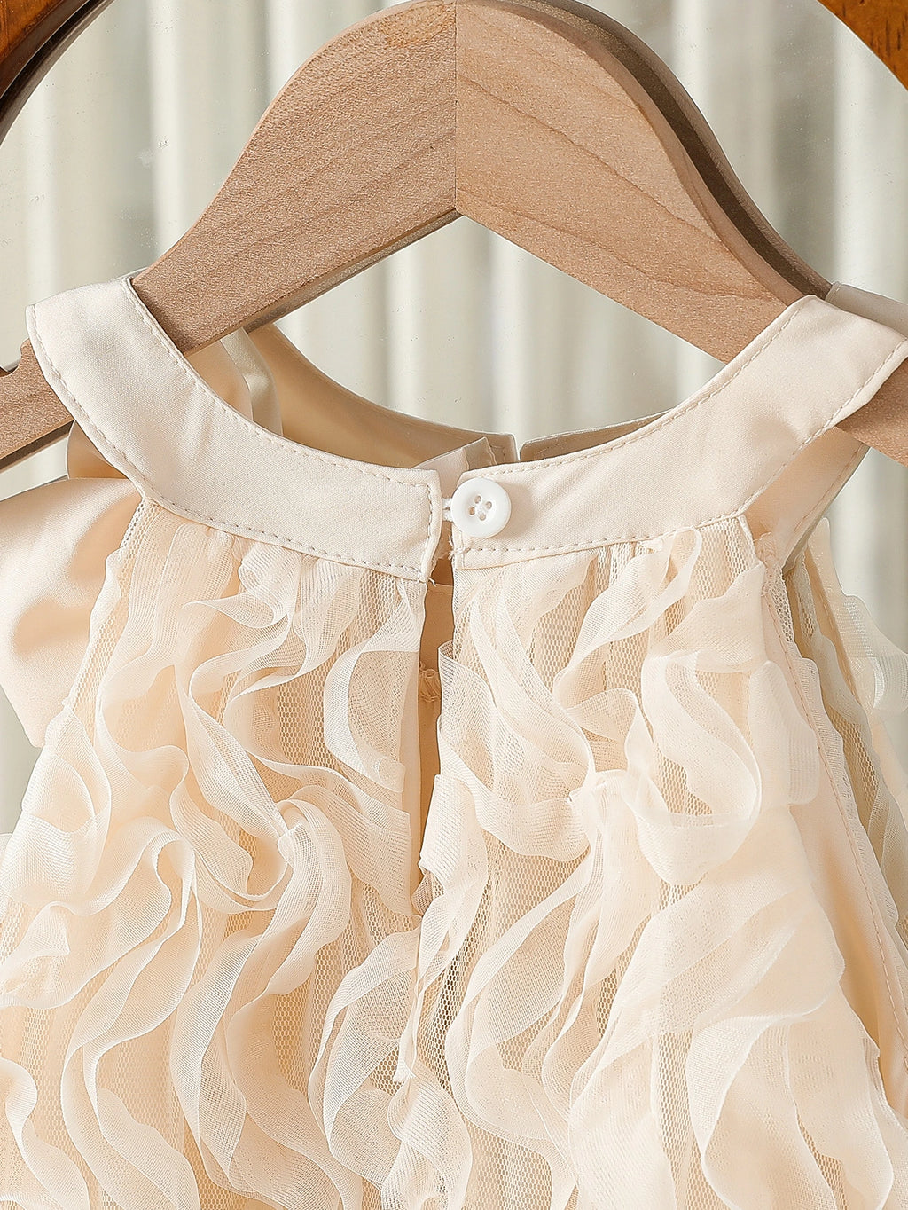 Girls Apricot Bow Applique A-line Dress With Wave Mesh Ruffles Detail Casual Dresses