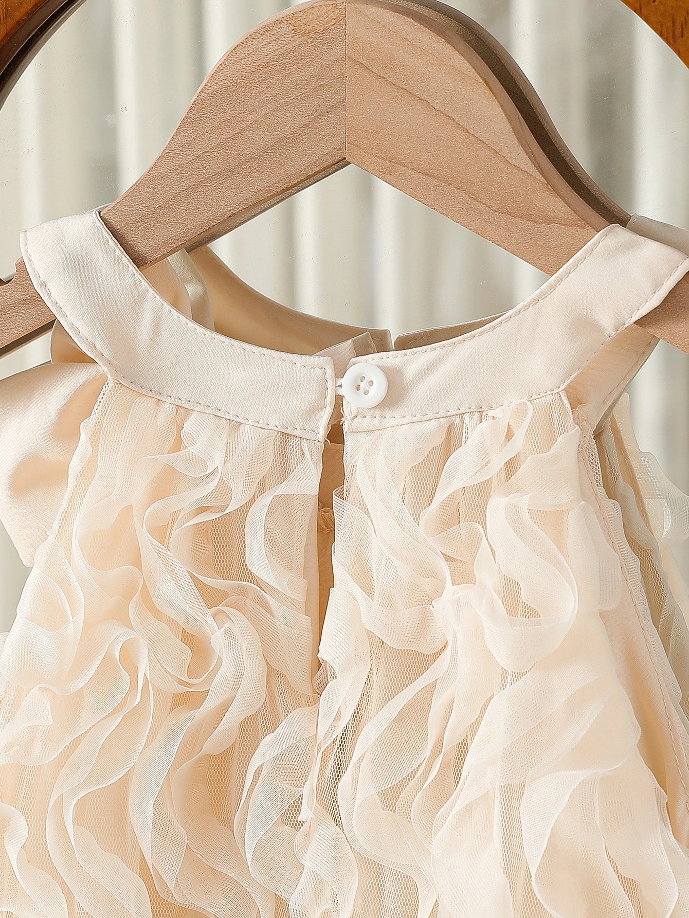 Girls Apricot Bow Applique A-line Dress With Wave Mesh Ruffles Detail Casual Dresses