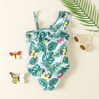 Girls Sea Green Tropical Printed One Shoulder Swimwear Bodysuit Beachwear