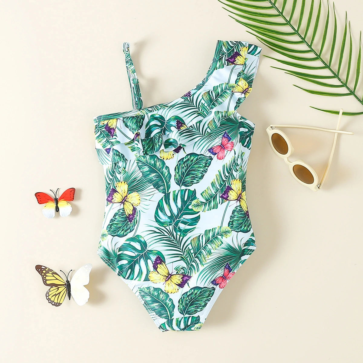 Girls Sea Green Tropical Printed One Shoulder Swimwear Bodysuit Beachwear