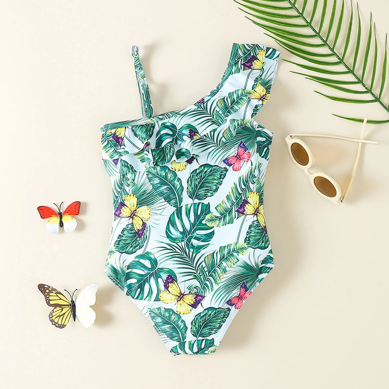 Girls Sea Green Tropical Printed One Shoulder Swimwear Bodysuit Beachwear