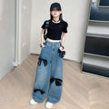 Girls Bow Applique Straight Fit Denim Trousers Jeans Blue 6-7 Y 