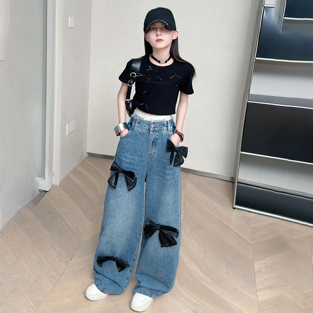 Girls Bow Applique Straight Fit Denim Trousers Jeans Blue 6-7 Y 