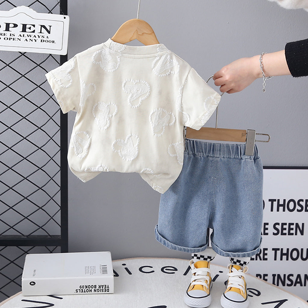 Girls Off White Puff Print Short Sleeve T-Shirt With Denim Shorts Set 2 pc. Sets