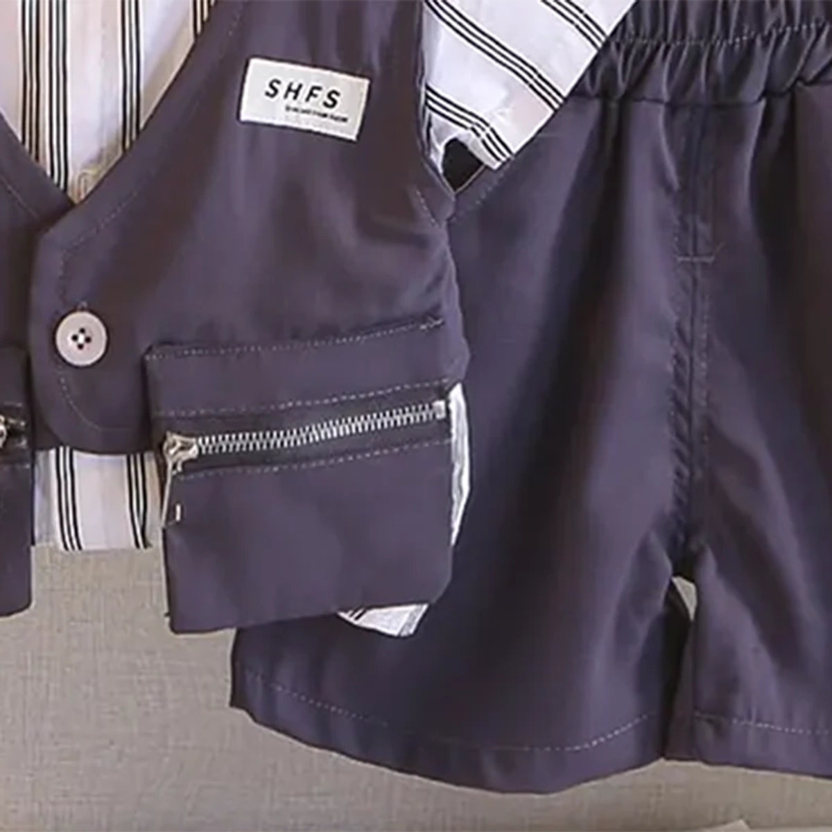 Boys Grey Stripes Attached Front Waistcoat Shirt With Shorts Sets Sets