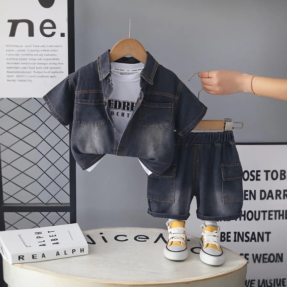 Boys Black Denim Shirt & Cargo Shorts With Printed T-Shirt Sets Sets Black 1-2 Y