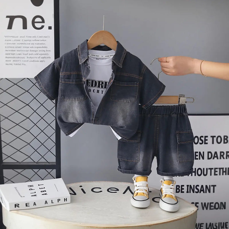 Boys Black Denim Shirt & Cargo Shorts With Printed T-Shirt Sets Sets Black 1-2 Y
