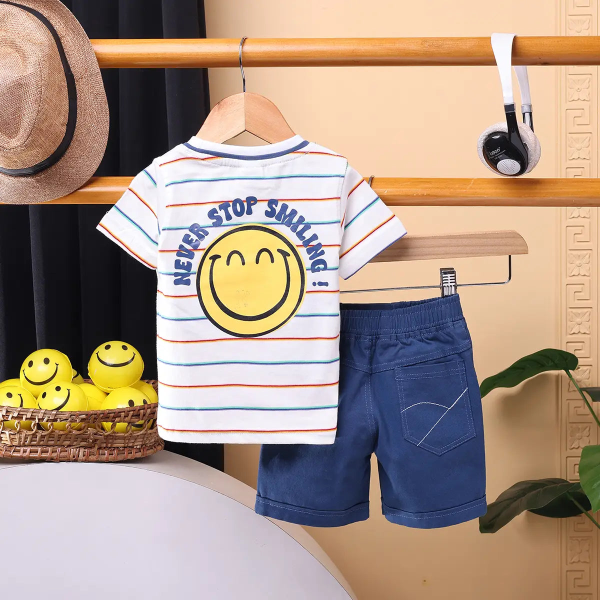 Boys White Stripes Applique T-Shirt With Elasticated Shorts Sets 2 pc. Sets