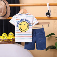 Boys White Stripes Applique T-Shirt With Elasticated Shorts Sets 2 pc. Sets