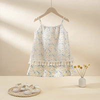 Girls Off White Floral Print Sleeveless Lace Overlay A-line Dress Casual Dresses