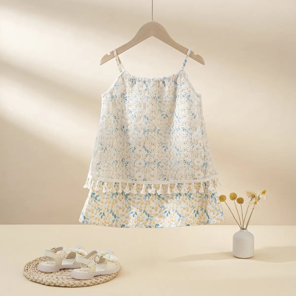 Girls Off White Floral Print Sleeveless Lace Overlay A-line Dress Casual Dresses