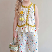 Girls Cream Polka Dot Print Sleeveless Top With Wide-Leg Pants Sets 2 pc. Sets